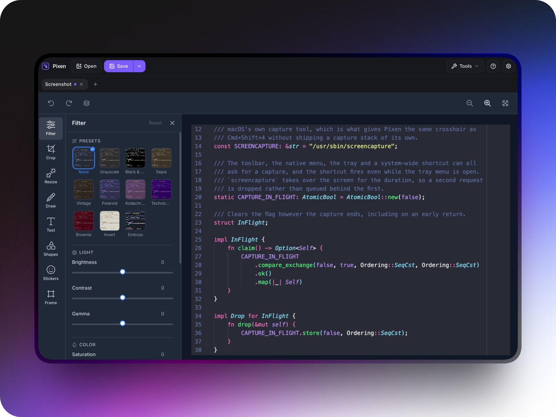 Edit screenshots with Pixen